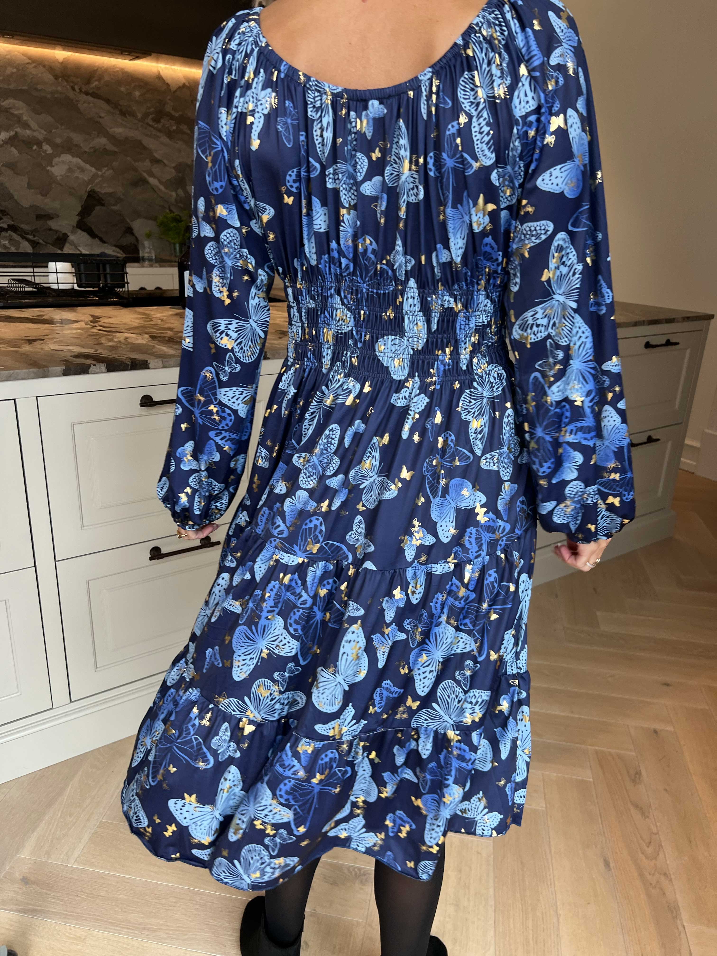 Tea Butterfly L/S - Plus Size klänning med resår i midjan och fjärilstryck